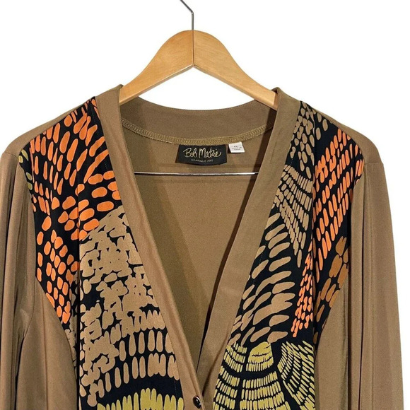 Bob Mackie Wearable Art Button Up XL Abstract Olive Green Orange Black Stretch - Picture 3 of 5